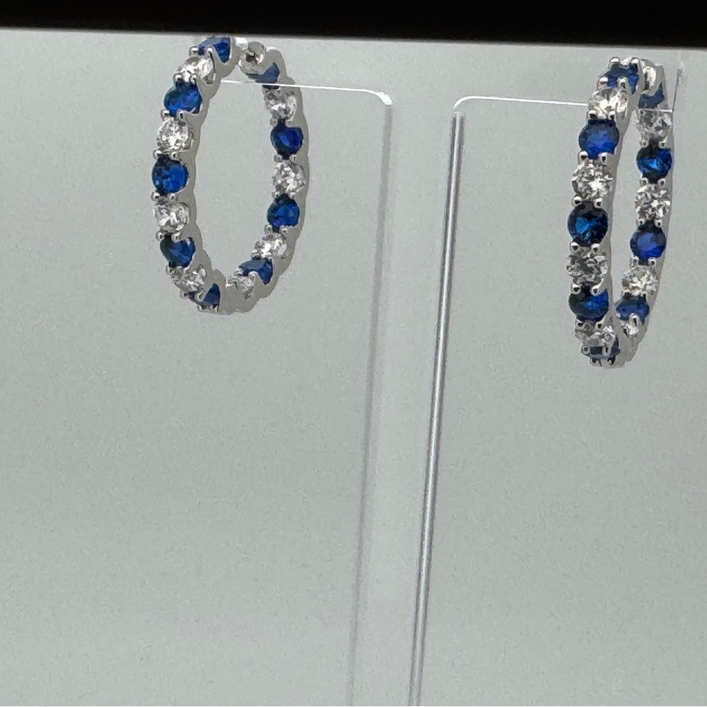 Sterling Silver Rhodium plated  Blue and Silver Hoop Earrings